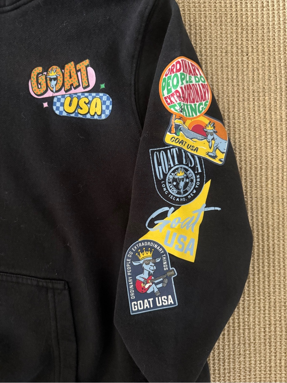 GOAT USA Black Graphic Hoodie with Colorful Patches
